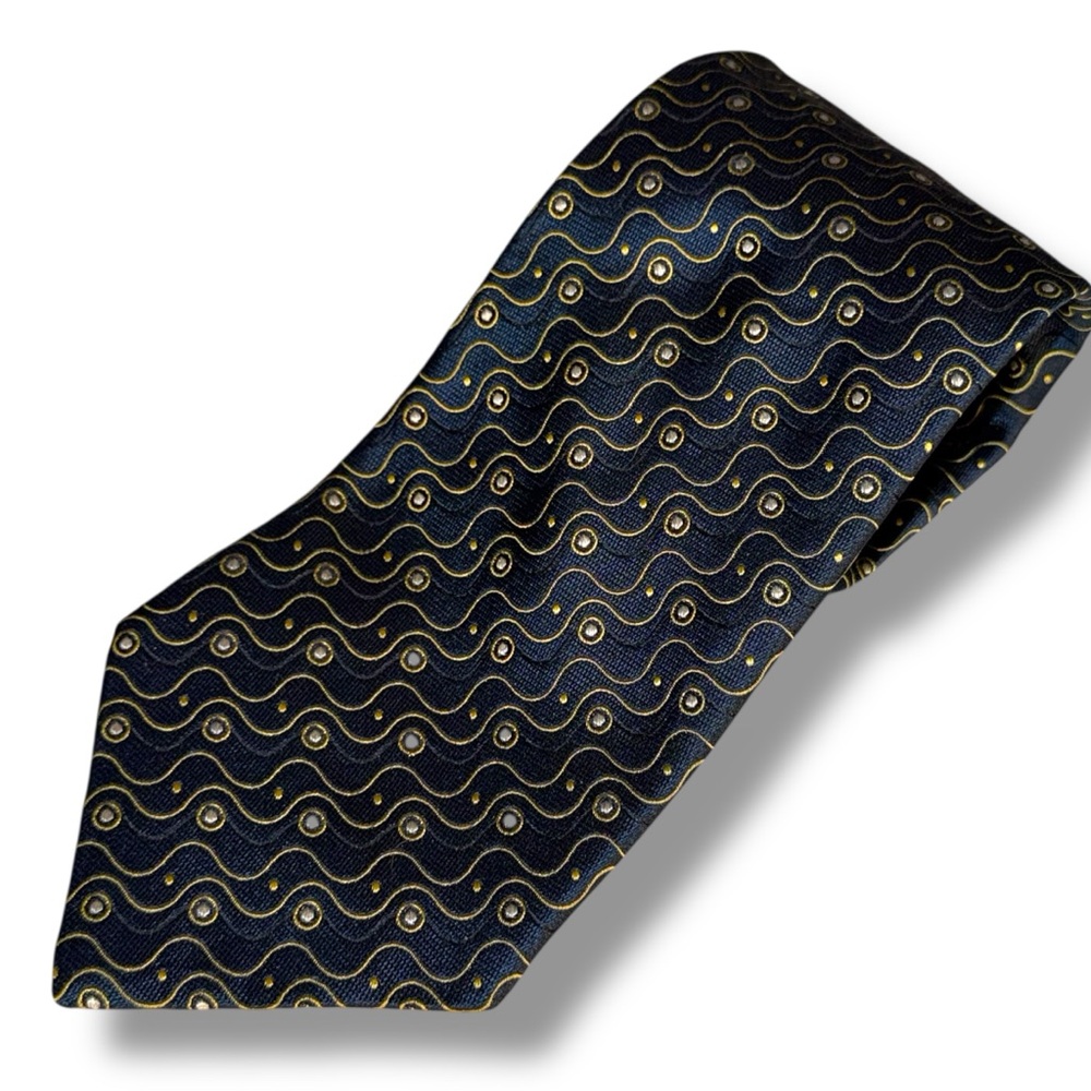 Innocenti for Tom James Silk Necktie Navy Blue Gold Geometric Made in Italy